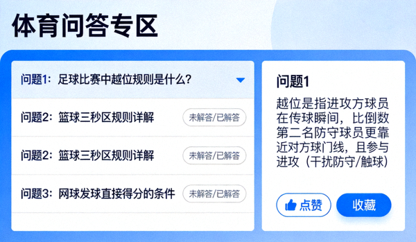 体育问答专区界面示意图，显示问题列表与专业解答